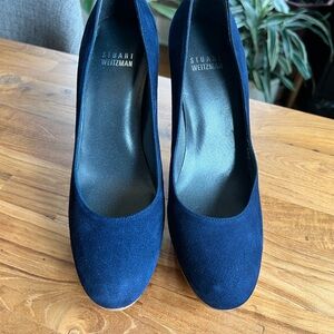 Navy Suede Round-Toe Pumps by Stuart Weitzman
